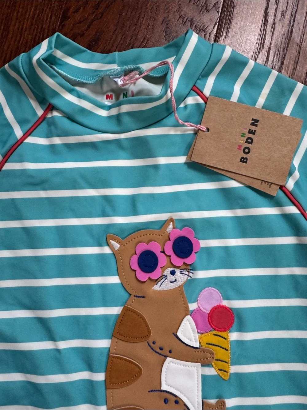 NWT Boden Kids Blue Striped Rash Guard with swimsuit